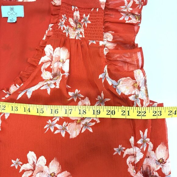 CeCe Womens Red Blouse Ruffled Neck Short Flutter Sleeve Size 1X Lined Feminine - Picture 9 of 10